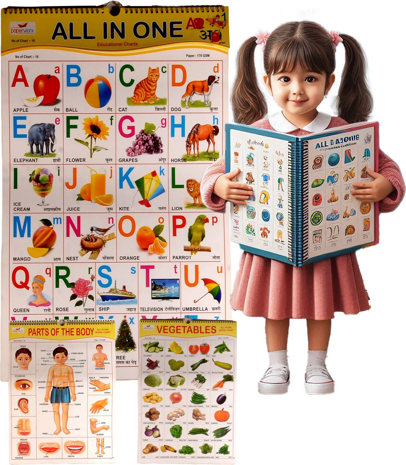 All-in-One Educational Spiral Charts for Kids - 16 Learning Charts in English & Hindi for Early Home/School Learning - Alphabet, Numbers, Animals, and More Fine Art Print