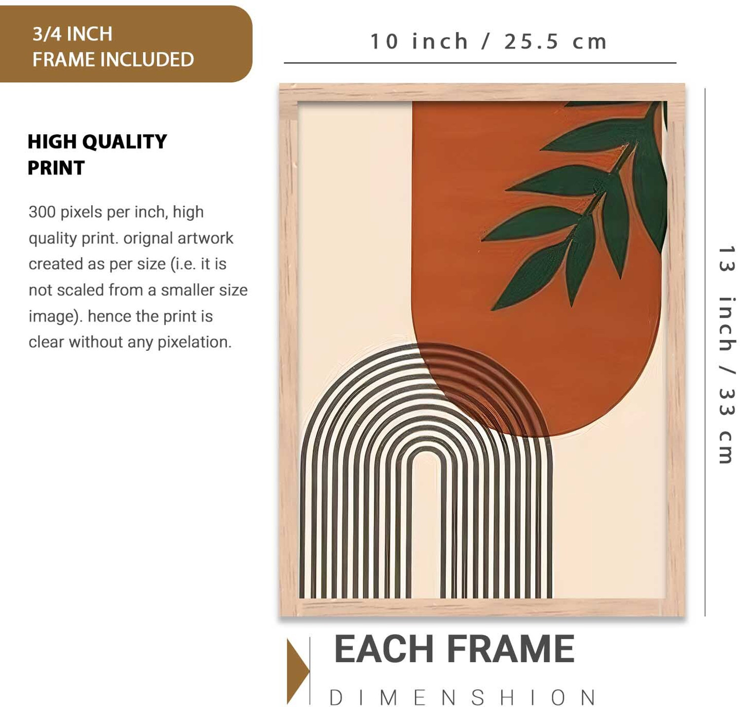 Image of Yanveer Big Aesthetic Boho Wall Art Canvas with Natural Wood Frame | Abstract Sun, Botanical Leaves & Geometric Shapes 3 Panel Wall Decor for Living Room, Bedroom, Office & Home Decor Fine Art Print