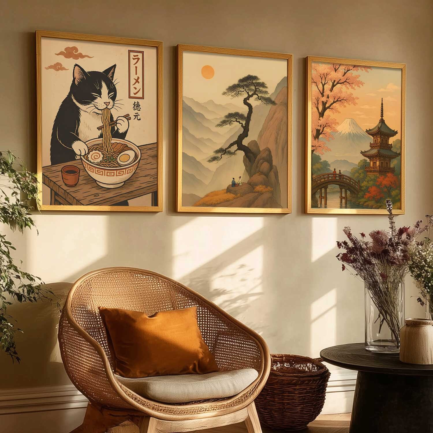 Image of Yanveer Big Aesthetic Japanese Zen Wall Art Canvas with Natural Wood Frame | Cat Ramen, Mountain Landscape & Traditional Pagoda 3 Panel Wall Decor for Living Room, Bedroom, Office & Cafe Fine Art Print