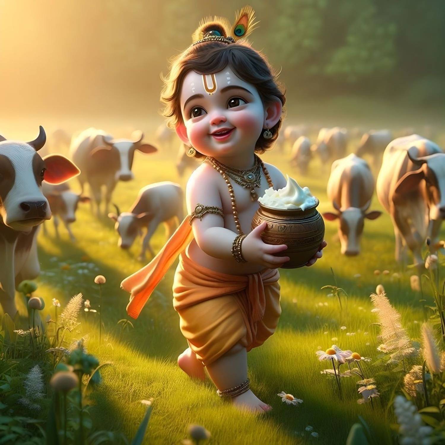 AnaBiaDecor Baby Krishna Makhan Matki With Cow God Wall Poster for Pooja Room, Livingroom, Bedroom, Office, Kidsroom (Size - 45 CM x 45 CM) Vinyl