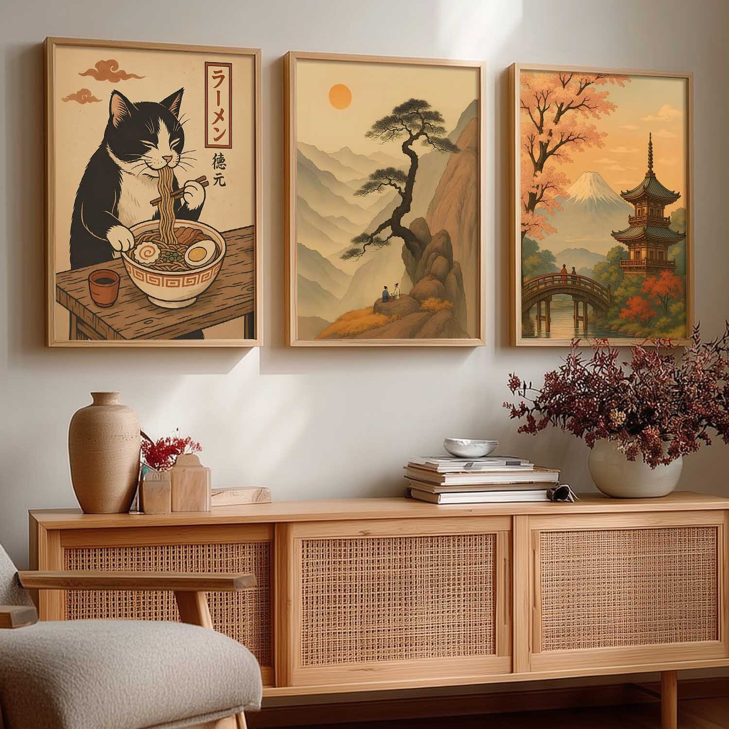 Image of Yanveer Big Aesthetic Japanese Zen Wall Art Canvas with Natural Wood Frame | Cat Ramen, Mountain Landscape & Traditional Pagoda 3 Panel Wall Decor for Living Room, Bedroom, Office & Cafe Fine Art Print