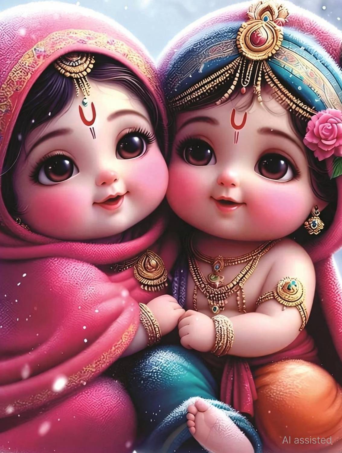 AnaBiaDecor Baby Bal Radha Krishna God Wall Poster for Pooja Room, Livingroom, Bedroom, Office, Kidsroom (Size - 45 CM x 45 CM) Vinyl