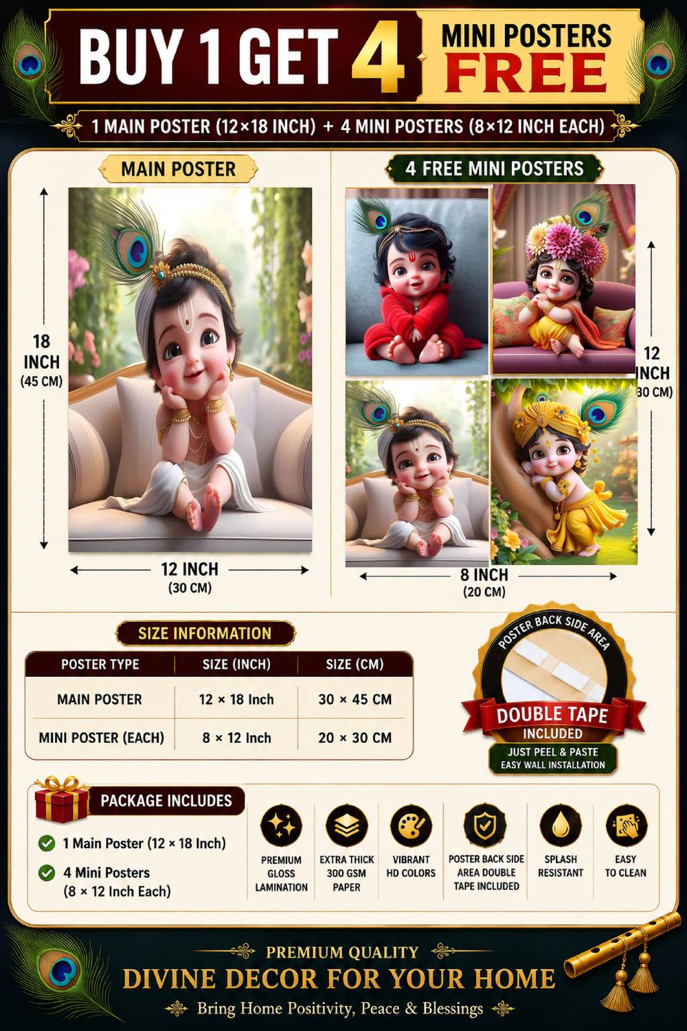 Bal Krishna Poster Combo Pack with 4 Free Mini Posters 12x18 Inch Main Poster 8x12 Inch Mini Posters Gloss Laminated Wall Décor F-147 Paper Print