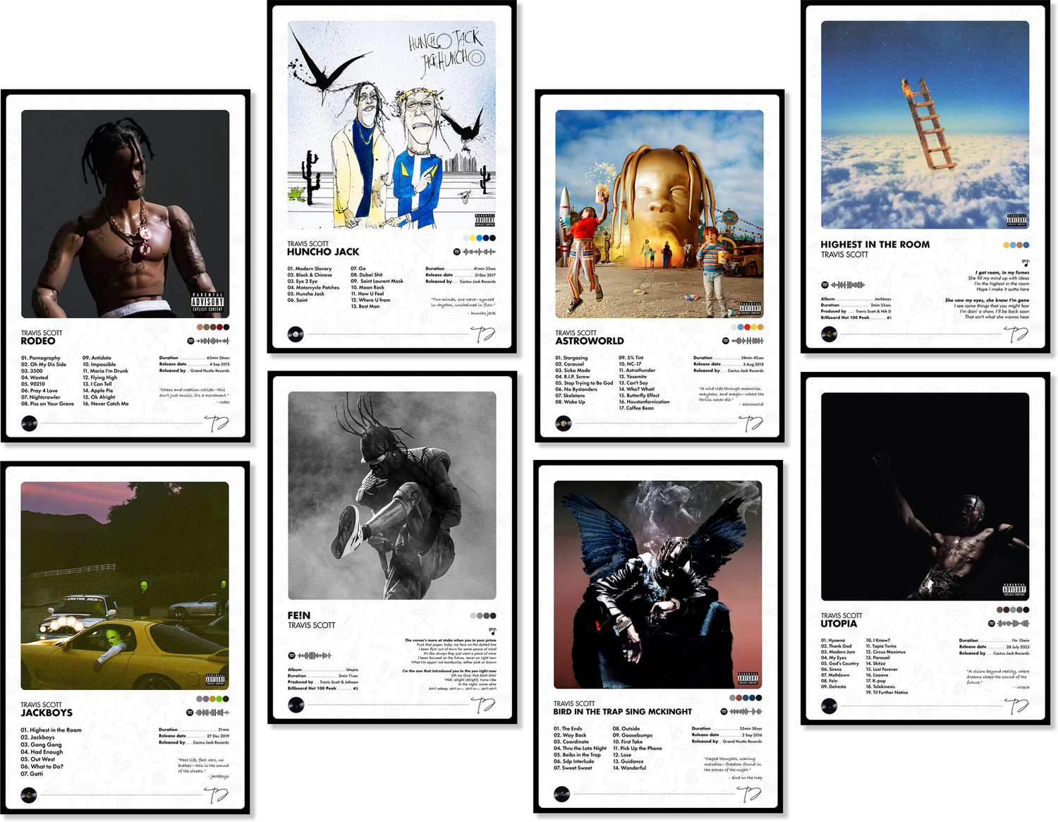 Image of Travis Scott Album Posters Set of 8 | 12x8 Inch Matte Finish Wall Posters | 300 GSM Premium Paper | Aesthetic Music Album Wall Decor | Sticky Dots Included Photographic Paper