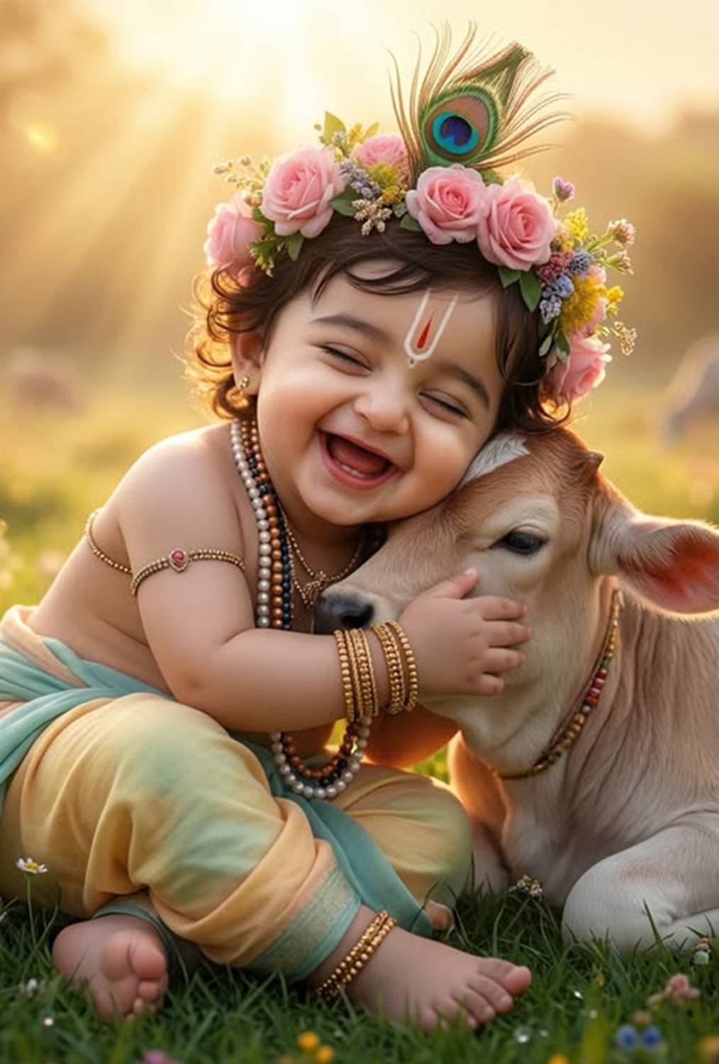 Baby Krishna with Calf Wall Painting | Bal Gopal Gau Prem Canvas Art Print | Divine Spiritual Home Decor Poster | 12 x 18 Inch Photographic Paper
