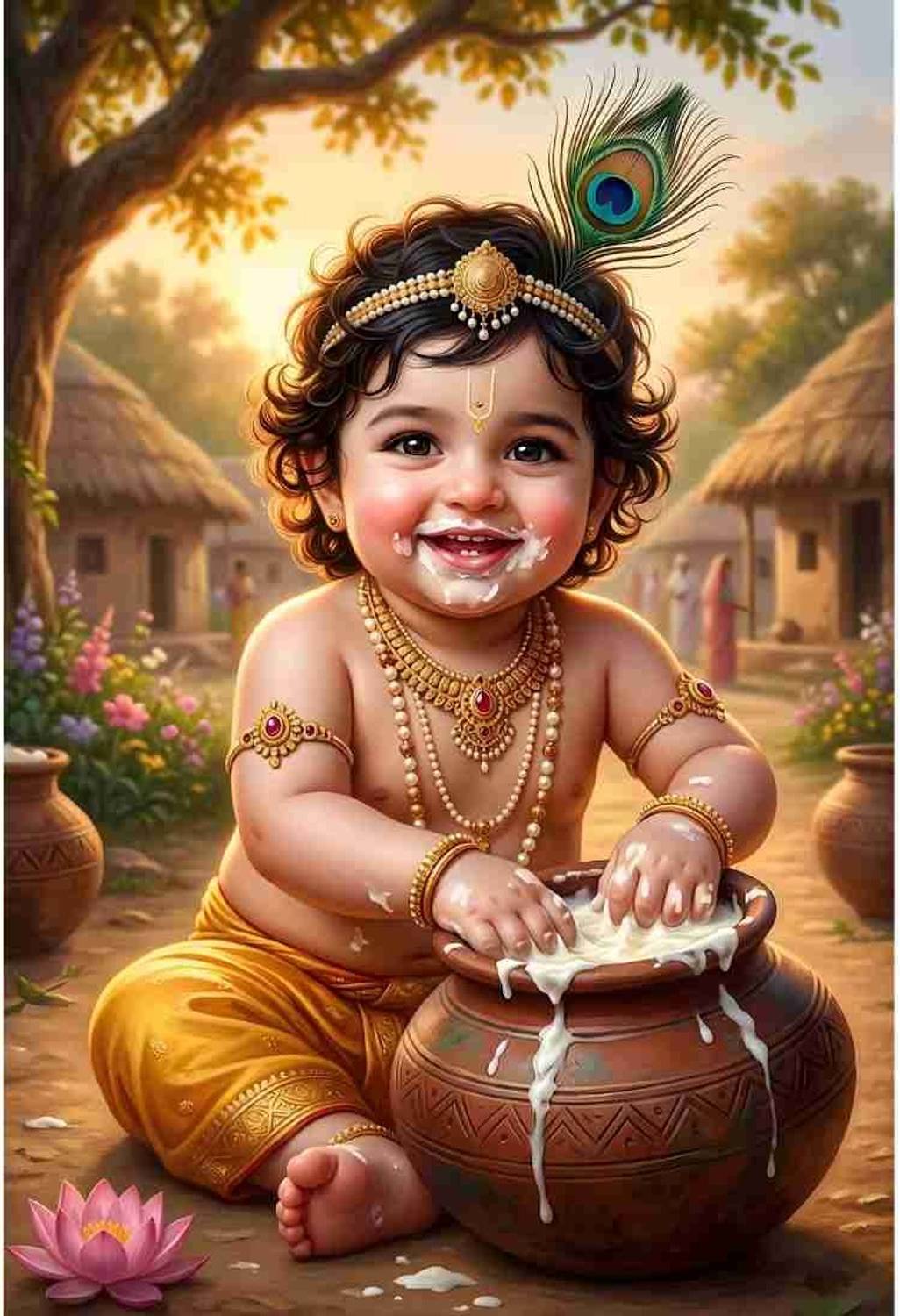 Krishna Makhan Chor Wall Poster | 12 x 18 Inch (No Frame) | Premium 300 GSM Paper | Baby Krishna Poster For Pregnant Women | Laddu Gopal poster for expectant mothers | Bal Gopal Decor Paper Print