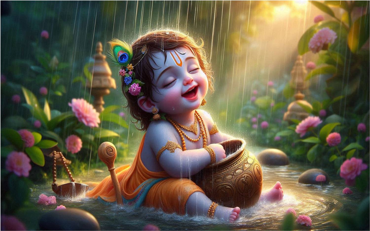 Baby Krishna Ji Playing in Rain Poster for pregnent women, Positivity, Good Vibes Photo Living Room Size 12x18 Inch, Waterproof, Gloss Laminated Paper Print