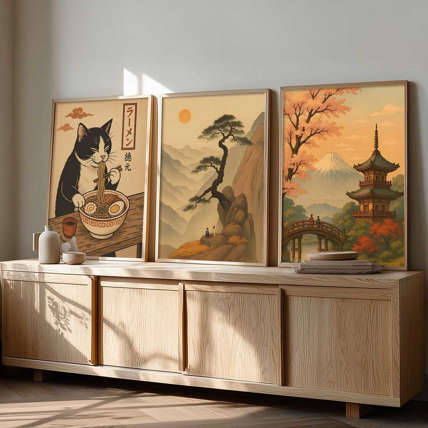 Image of Yanveer Big Aesthetic Japanese Zen Wall Art Canvas with Natural Wood Frame | Cat Ramen, Mountain Landscape & Traditional Pagoda 3 Panel Wall Decor for Living Room, Bedroom, Office & Cafe Fine Art Print