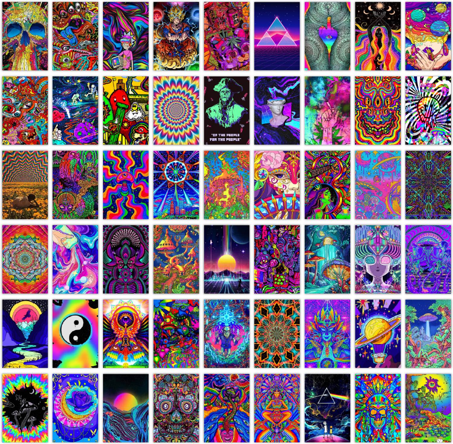 54 Pcs Trippy Psychedelic Posters For Room Wall Decor - 4 x 6 Inches Rectangle Self Adhesive Posters - Collage Kit For Girls, Boys, Teens - Wall Art For Bedroom, Living Room, Office Fine Art Print