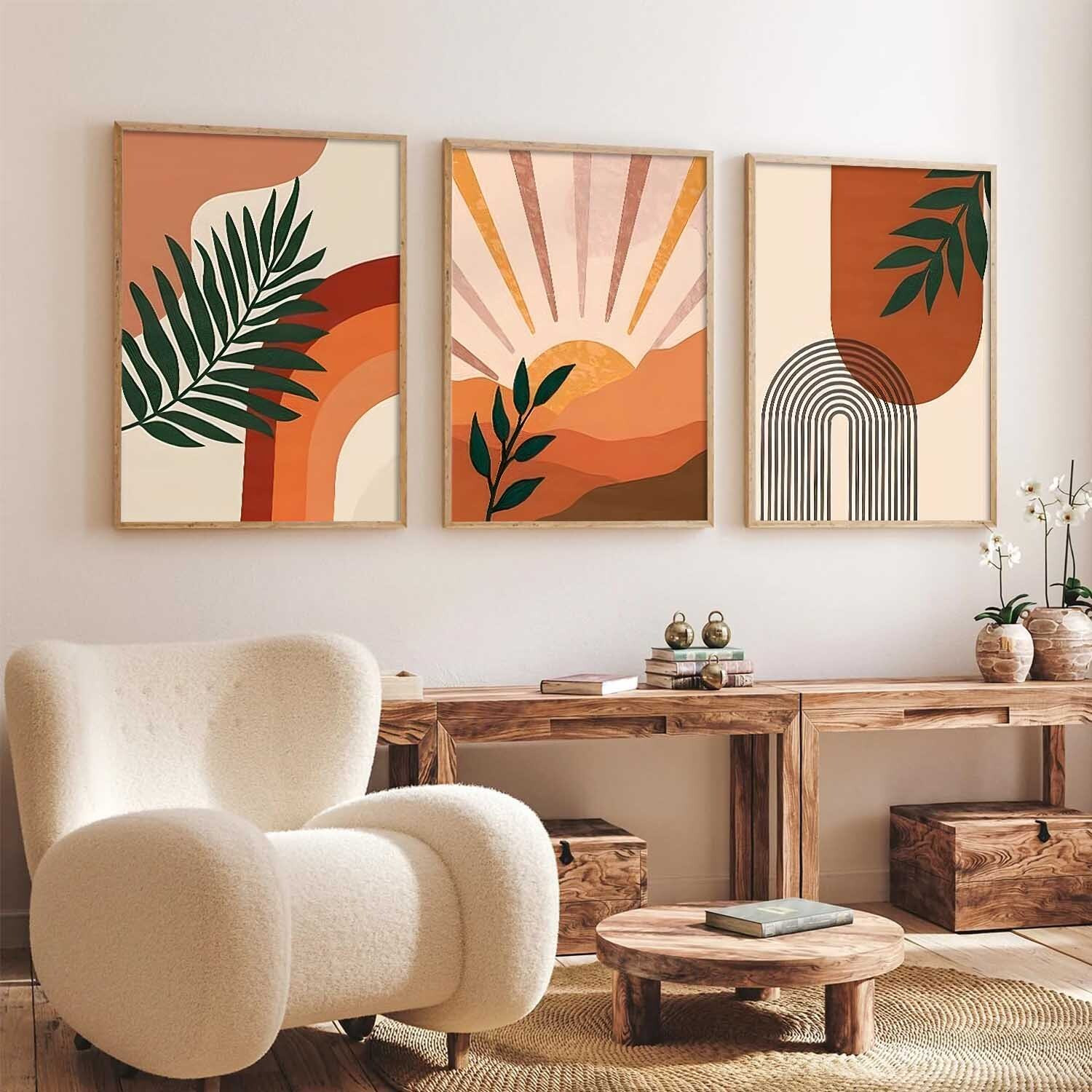 Image of Yanveer Big Aesthetic Boho Wall Art Canvas with Natural Wood Frame | Abstract Sun, Botanical Leaves & Geometric Shapes 3 Panel Wall Decor for Living Room, Bedroom, Office & Home Decor Fine Art Print