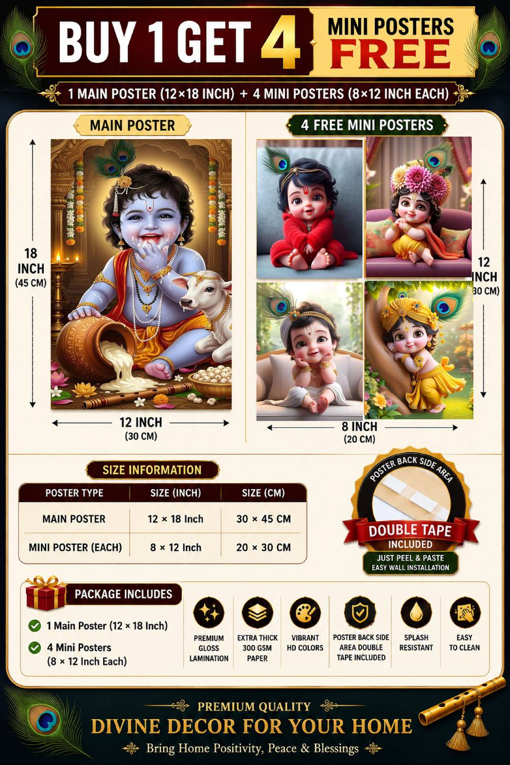 Bal Krishna Poster Combo Pack with 4 Free Mini Posters 12x18 Inch Main Poster 8x12 Inch Mini Posters Gloss Laminated Wall Décor F-140 Paper Print