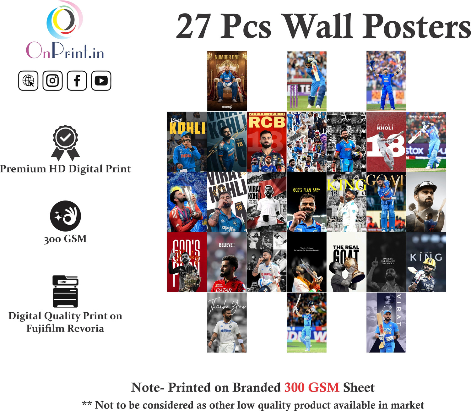 Image of Pack of 27 Virat Kholi Legend Art Wall Collage Kit Posters (4 x 6 Inches) | Wall Art for Bedroom, Living Room, Office | Small Posters for Room Decoration | Sports Wall Decor | Cricket Player Poster Set Paper Print