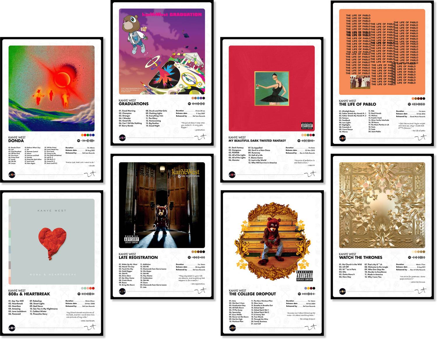 Kanye West Album Posters Set of 8 | 12x8 Inch Matte Finish Wall