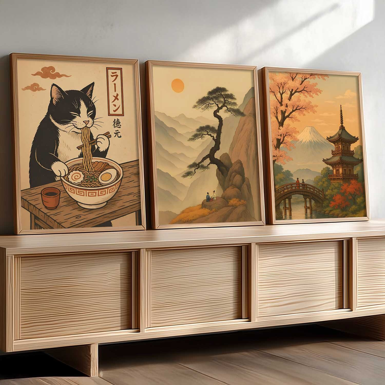 Image of Yanveer Big Aesthetic Japanese Zen Wall Art Canvas with Natural Wood Frame | Cat Ramen, Mountain Landscape & Traditional Pagoda 3 Panel Wall Decor for Living Room, Bedroom, Office & Cafe Fine Art Print