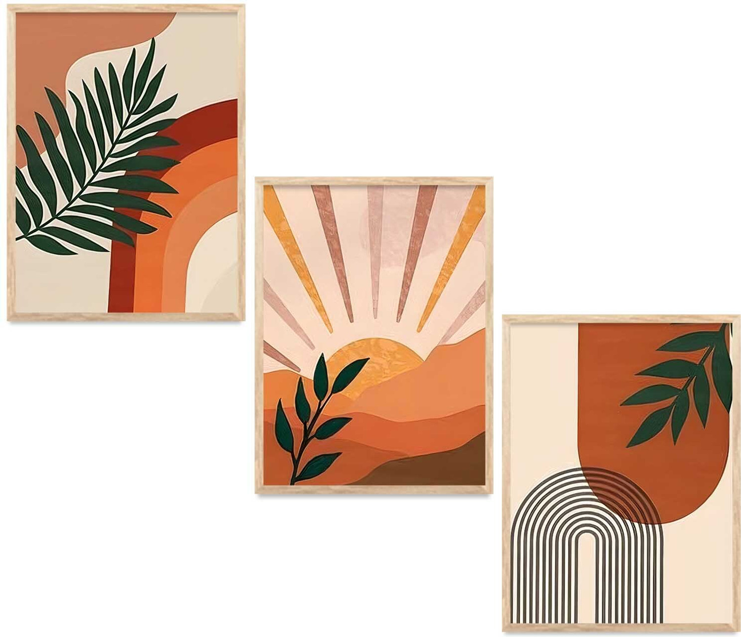 Image of Yanveer Big Aesthetic Boho Wall Art Canvas with Natural Wood Frame | Abstract Sun, Botanical Leaves & Geometric Shapes 3 Panel Wall Decor for Living Room, Bedroom, Office & Home Decor Fine Art Print