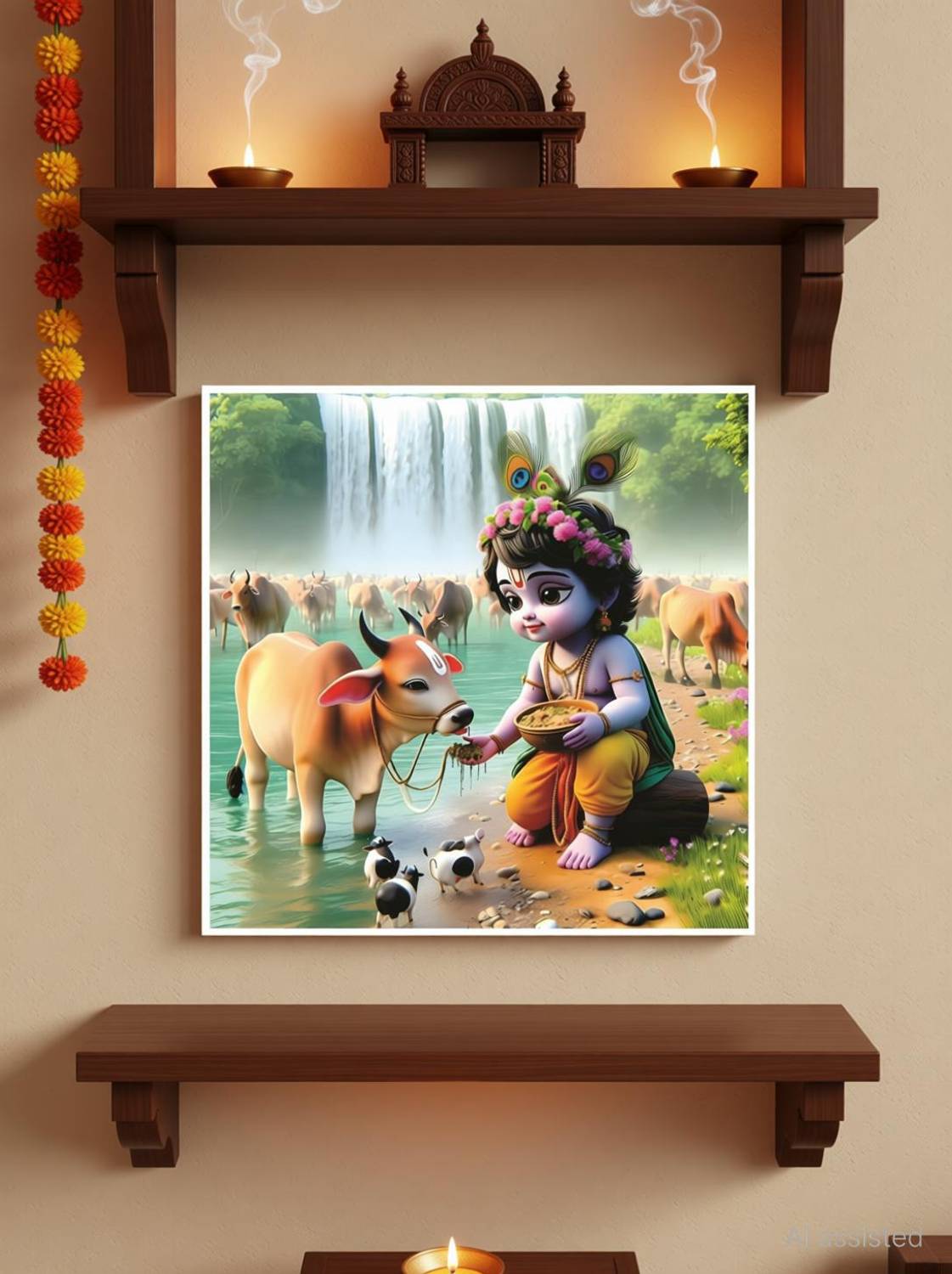 AnaBiaDecor Krishna With Cow God Wall Poster for Pooja Room, Livingroom, Bedroom, Office, Kidsroom (Size - 45 CM x 45 CM) Vinyl