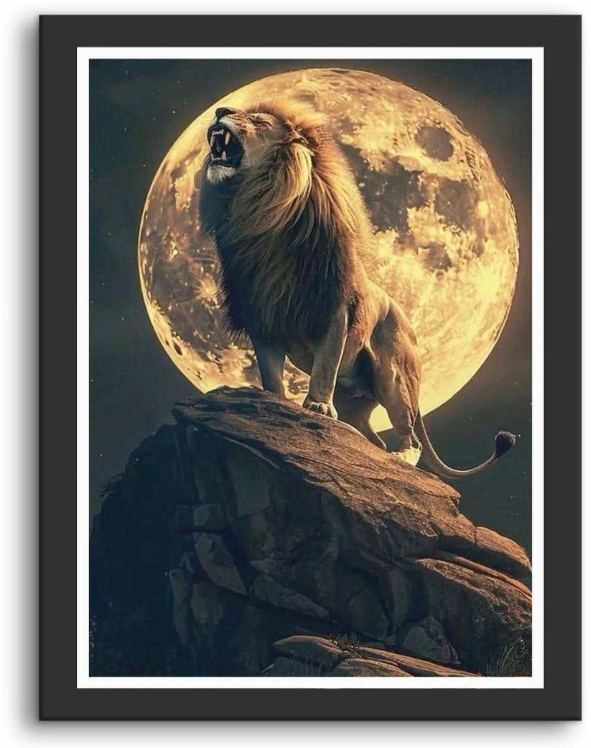 Aanchal World Lion Roaring at Full Moon Photo Frame | Wall Art Painting for Home & Office Décor | 11x14 Inch Photographic Paper