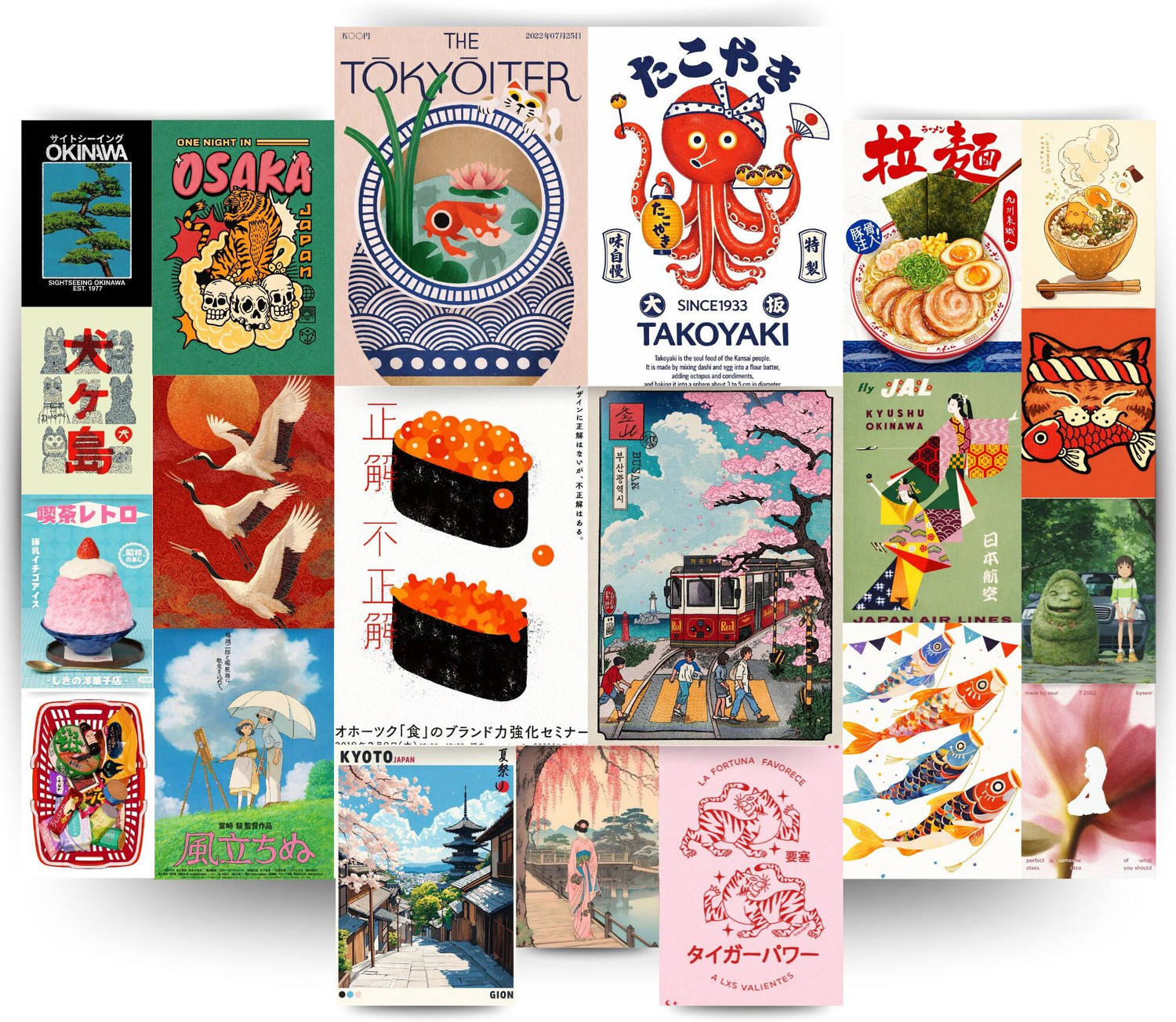 Image of SAKURASCAPE 21 PCS Japanese Aesthetic Wall Posters Unframed | Multi Size A4 A5 A6 Posters | Tokyo, Kyoto, Anime, Sushi, Ramen & Japan Travel Art Theme Room Decor | 300 GSM Premium Thick Prints with Wall Friendly Glue Dots for Bedroom & Study Setup Fine Art Print