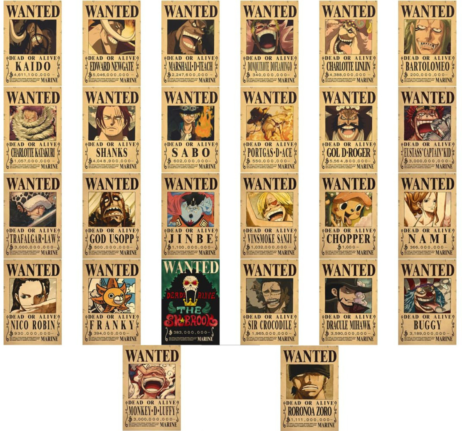 Image of One piece wanted posters set - One piece merch - one piece bounty posters Set of 26 A4 Size - Luffy wanted poster - One piece anime straw hat crew wanted posters set - One piece stickers Paper Print