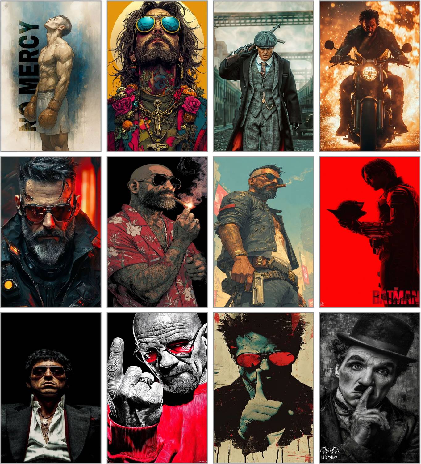Badass Iconic Men Wall Art Set of 12 | Gritty Cinematic Portrait Posters | Masculine Room Decor | Gangster, Fighter, and Movie Legends Print Set for Man Cave & Gaming Room 3D Poster