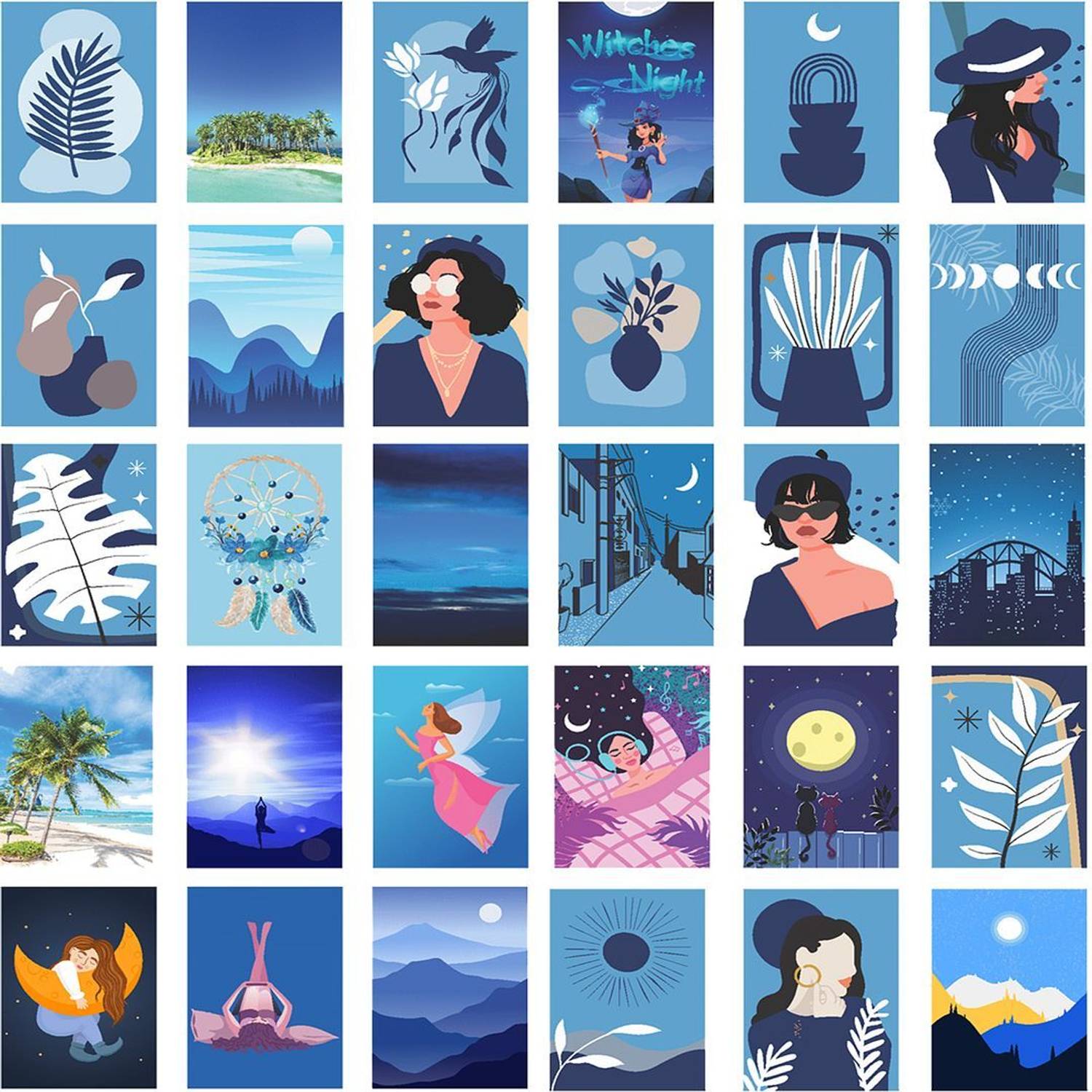 30pcs Blue Summer Theme Printed Aesthetic Collage Kit Boho Poster for Decor-110 Paper Print