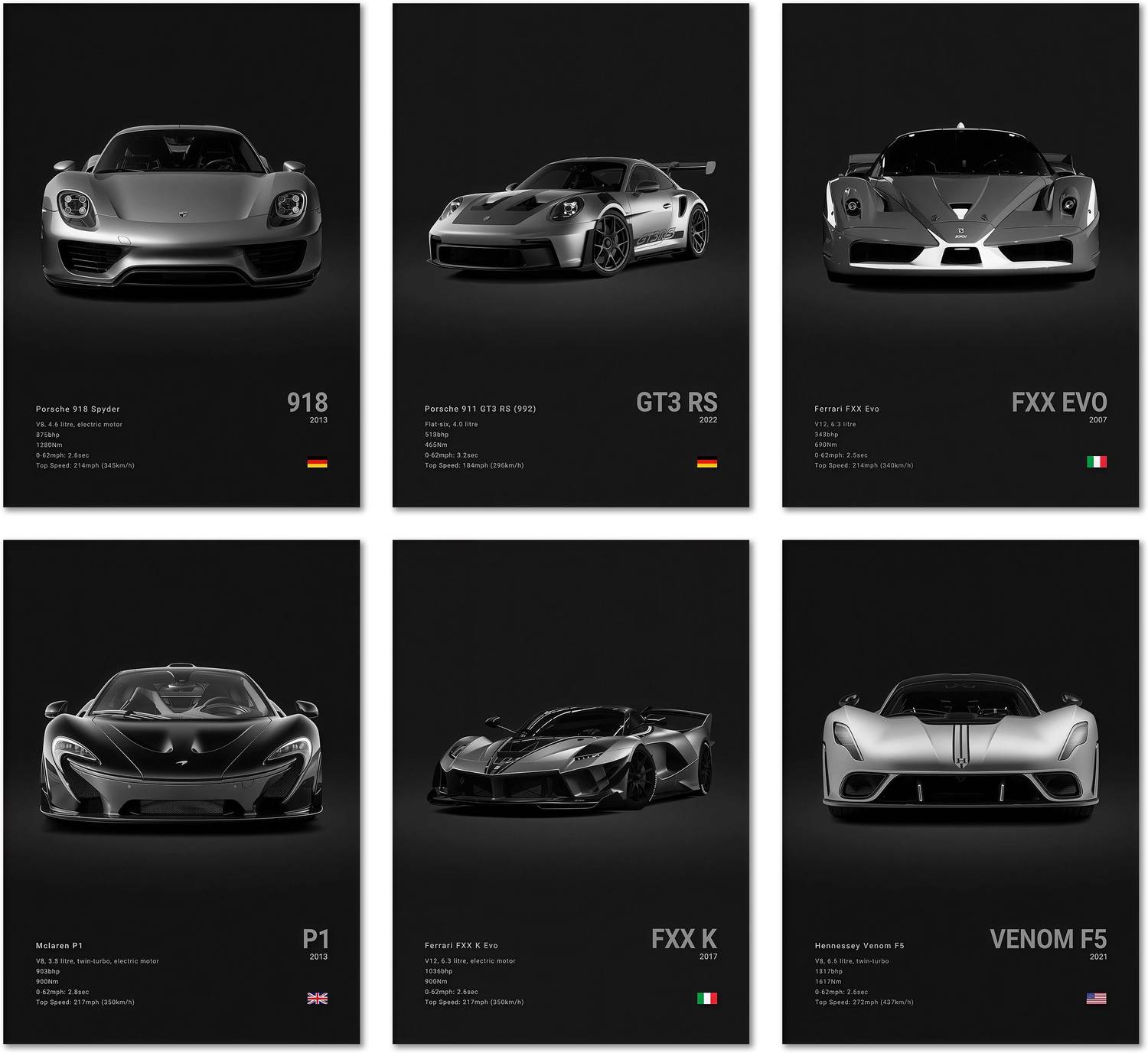 6-Piece Vintage Racing Car Wall Art Set Unframed Retro Supercar Canvas Posters 3D Poster