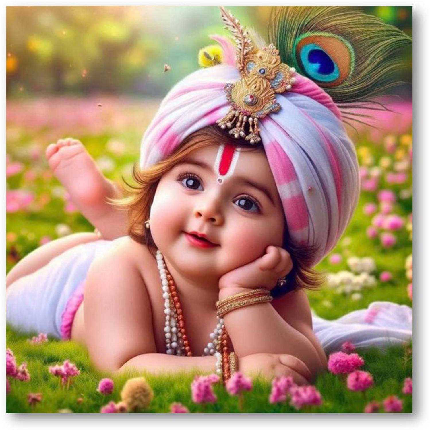 Bal Gopal Painting for Pregnant Women | Kanha Ji Poster | Laddu Lord Makhan Chor | Walls Home Bedroom Living Room Decoration Printed With Gloss Vinyl Self Adhesive Size 40CM X 40CM Multicolored Sticker Poster Rolled with Tube Paper Print