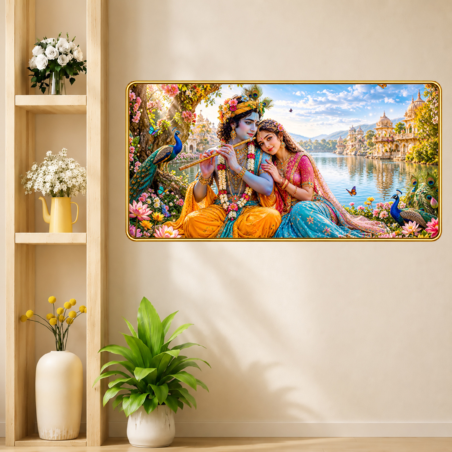 Image of Vastu Radha Krishna Photo Frame Painting Trending Natural Design for Home, Office & Living Room | Sparkle Coated Lamination Vinyl Print | Golden Slim Frame Vinyl Photographic Paper