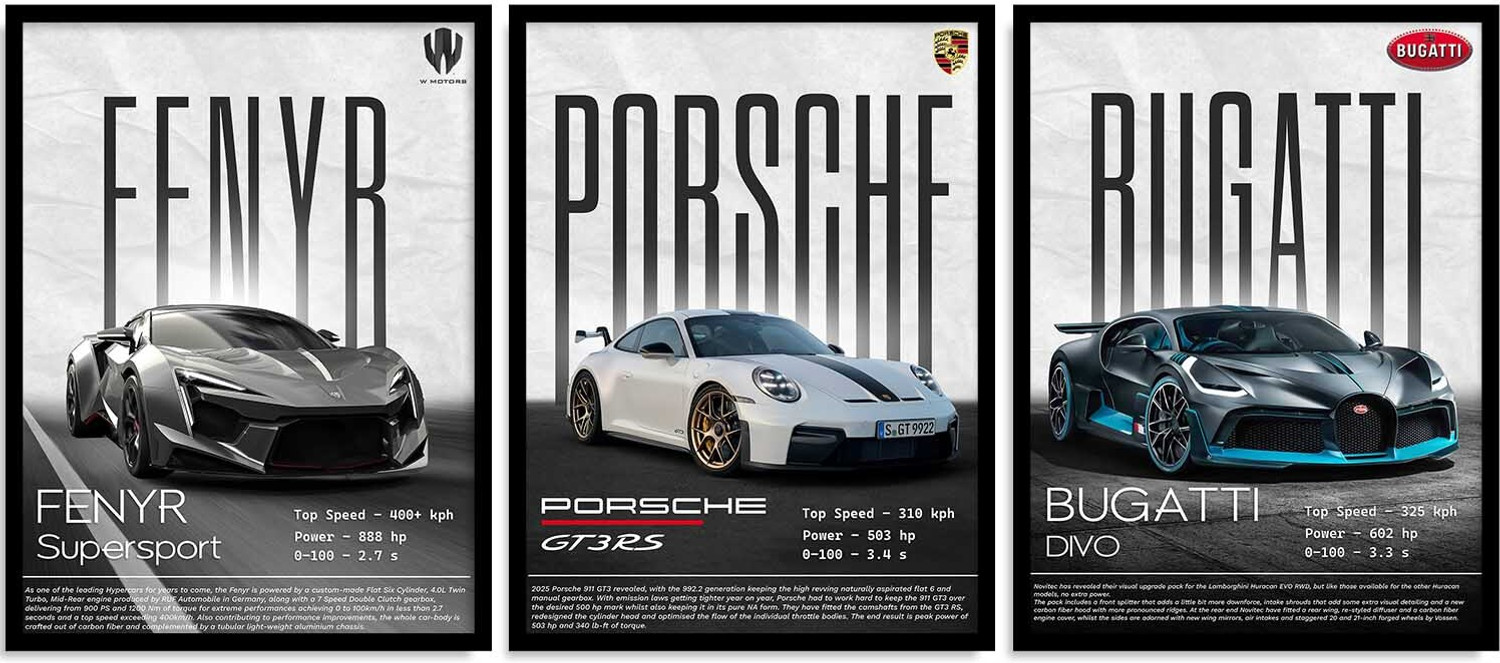 Image of YANVEER Big Porche bughatti fenyb Car Framed Posters Gift Items for Boys Room Wall Decoration Bedroom Living Room Office Studio Decor | Car Poster Frame for Wall Decor Set Of 3 Size (10 X 13 inch) Photographic Paper