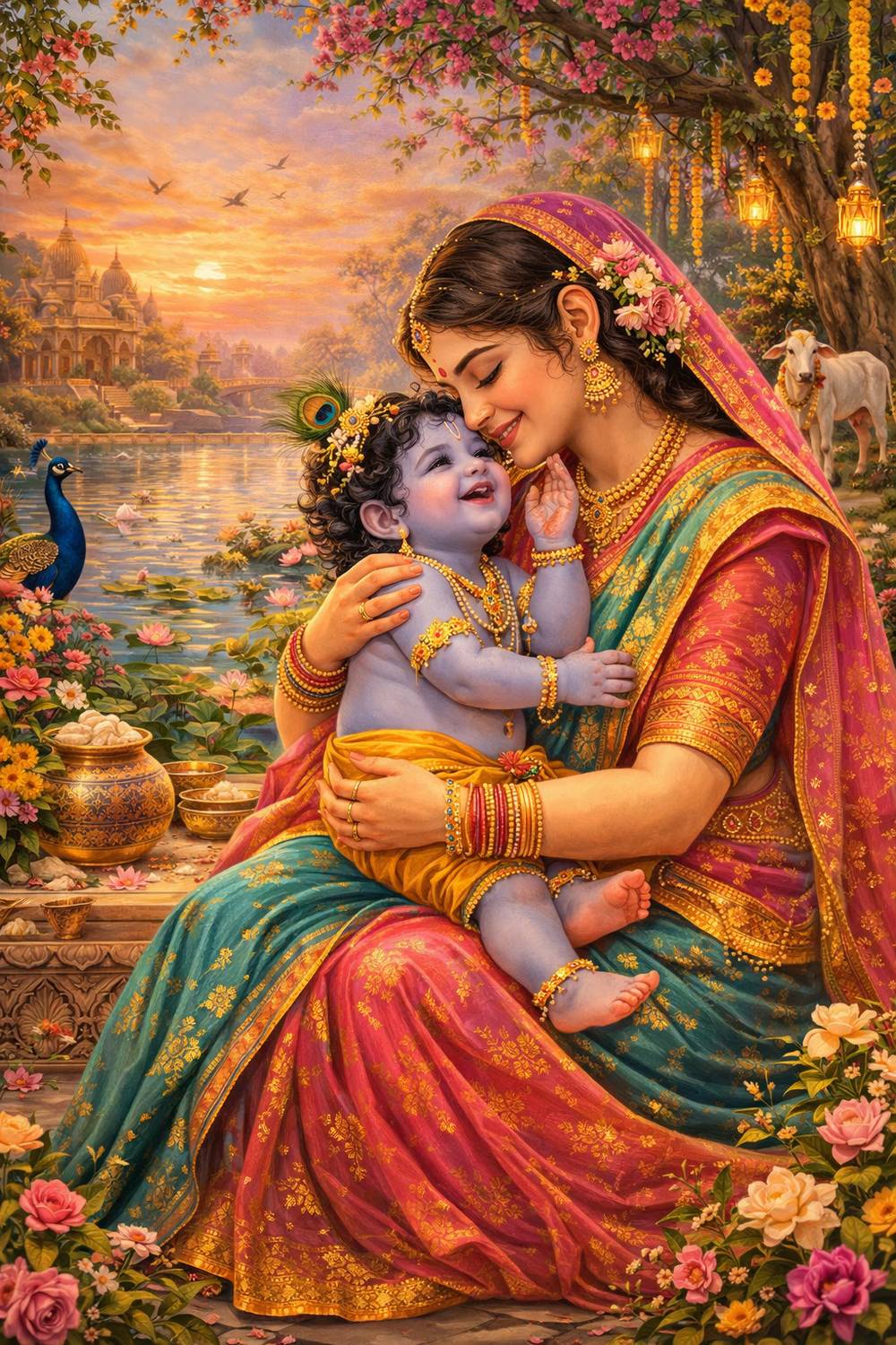 Yashoda Krishna Sunset Bliss Wall Poster – Divine Motherhood HD Digital Print (Unframed Photographic Paper