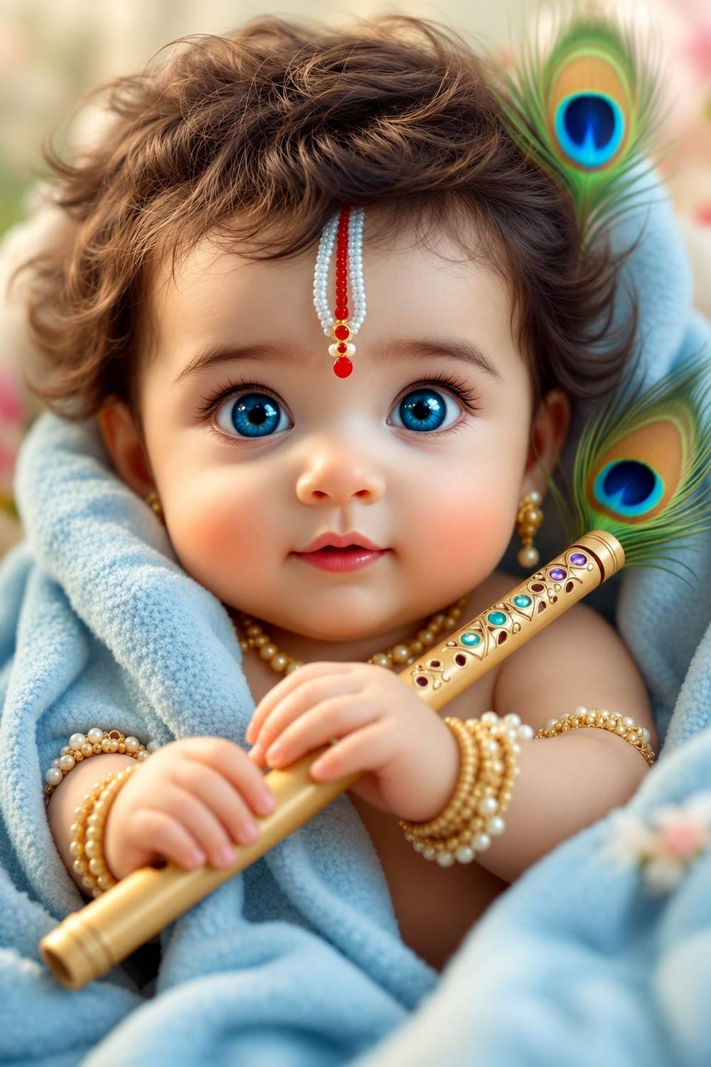 Cute Baby Krishna Wall Painting | Bal Gopal Flute Art Print | Divine Krishna Canvas Poster | 12 x 18 Inch Home Decor Photographic Paper