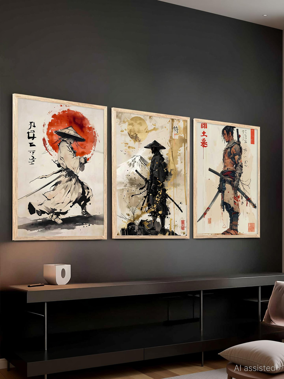 Image of Samurai Posters with Frame | Aesthetic Samurai Characters Posters with Frames | Japanese Art Framed Poster for Bedroom Living Room Gaming Room Wall Decor Set Of 3 Paper Print