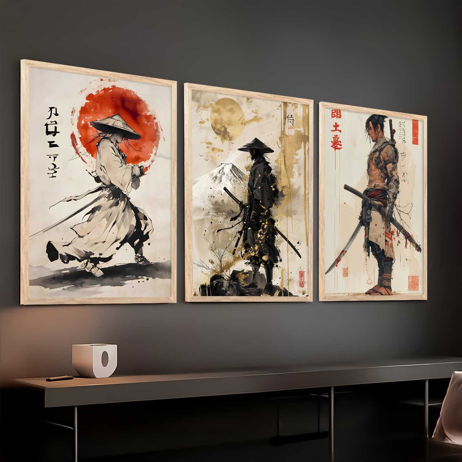Image of Samurai Posters with Frame | Aesthetic Samurai Characters Posters with Frames | Japanese Art Framed Poster for Bedroom Living Room Gaming Room Wall Decor Set Of 3 Paper Print