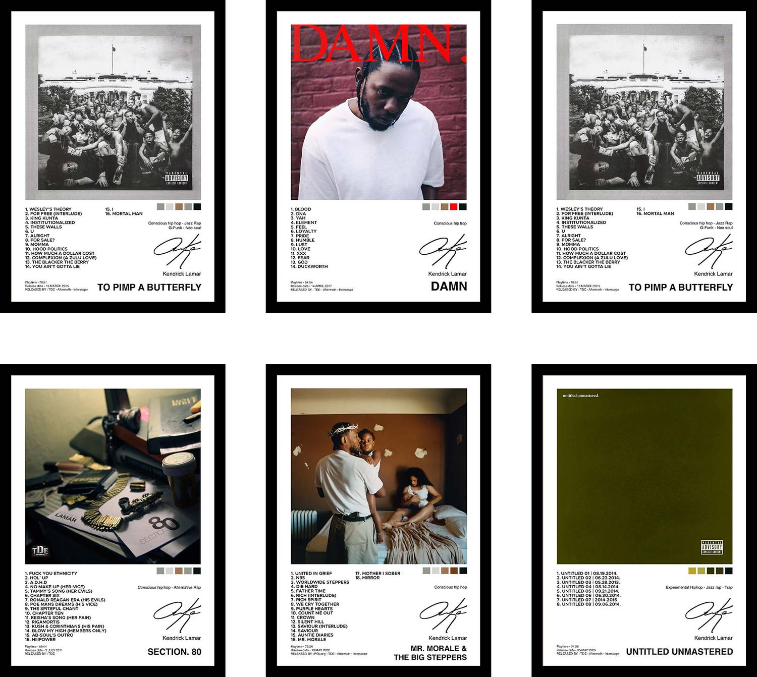 Pack of 6 - Kendrick Lamar Music Album Art Wall Framed Posters