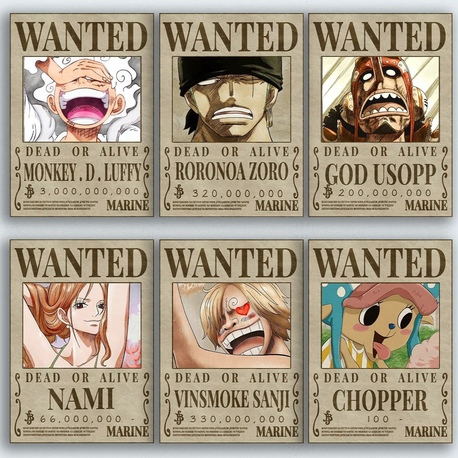 Image of Pack Of 10 One Piece straw hat pirates wanted poster Luffy Gear 5 Size 8X10 inch AniME Poster Fine Art Print