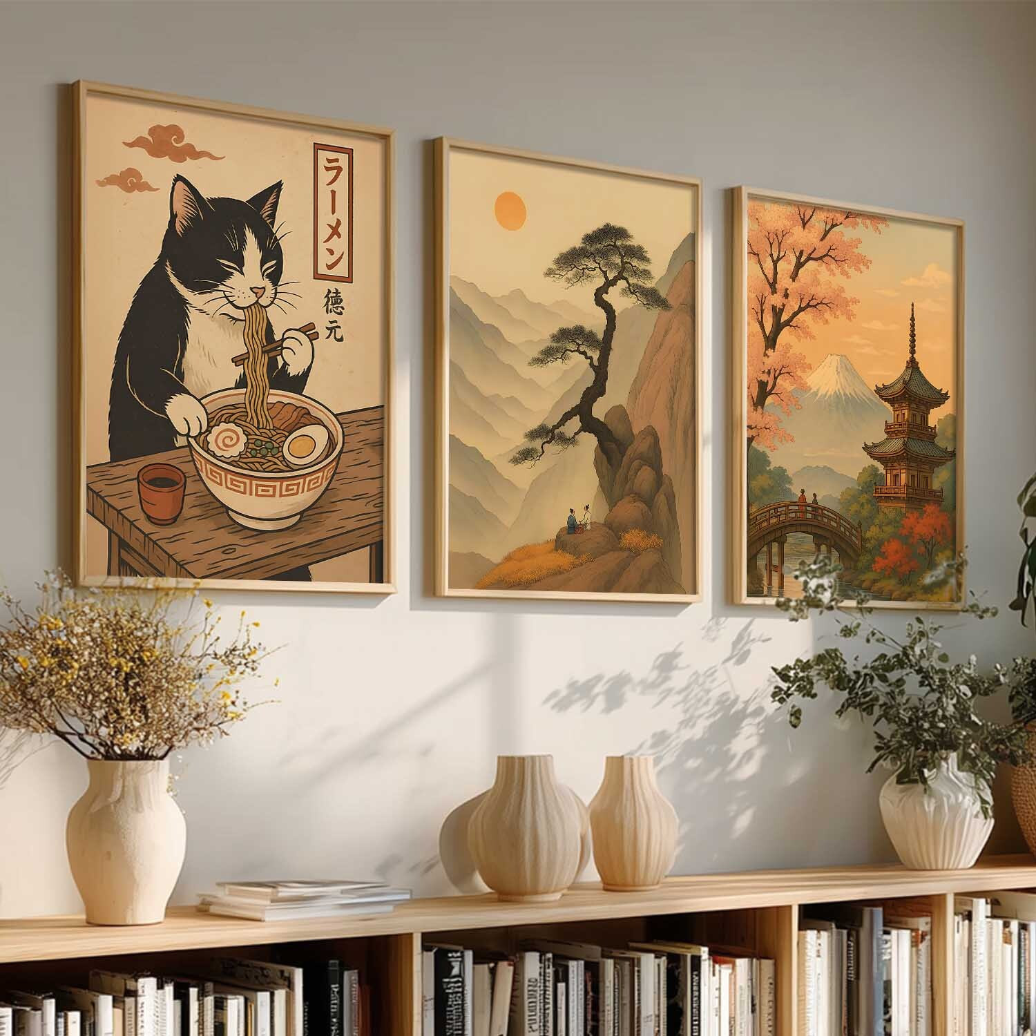 Image of Yanveer Big Aesthetic Japanese Zen Wall Art Canvas with Natural Wood Frame | Cat Ramen, Mountain Landscape & Traditional Pagoda 3 Panel Wall Decor for Living Room, Bedroom, Office & Cafe Fine Art Print