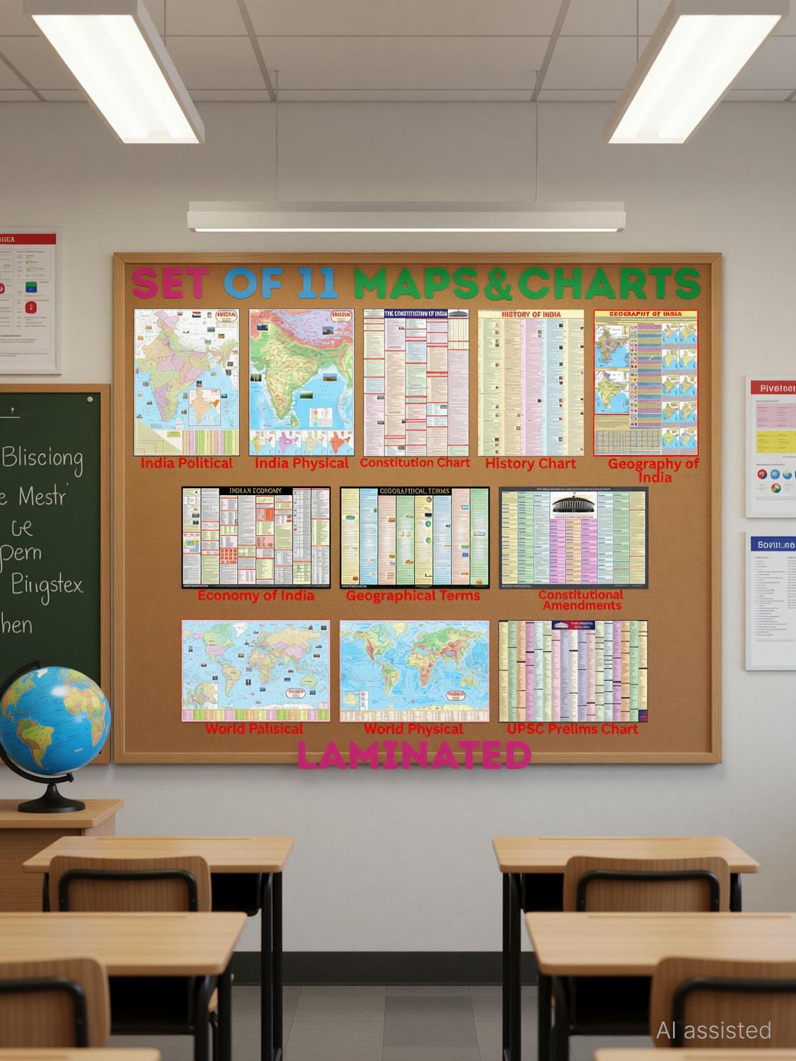 Image of Complete set of UPSC Maps & Charts Laminated | Set of 11 | India & World Map ( Both Political & Physical ) with Constitution of India, Constitutional Amendments, Indian History, Indian Economy, Geographical Terms, Geography of India, and UPSC Prelims Syllabus Chart | LAMINATED Fine Art Print
