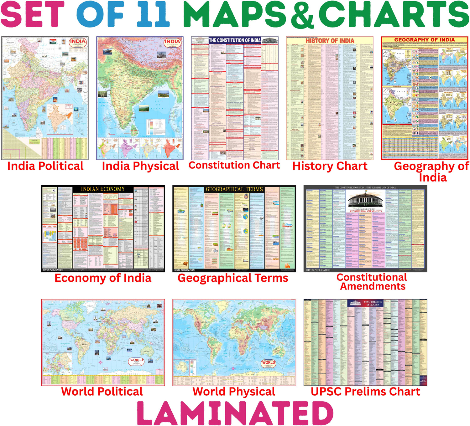 Image of Complete set of UPSC Maps & Charts Laminated | Set of 11 | India & World Map ( Both Political & Physical ) with Constitution of India, Constitutional Amendments, Indian History, Indian Economy, Geographical Terms, Geography of India, and UPSC Prelims Syllabus Chart | LAMINATED Fine Art Print