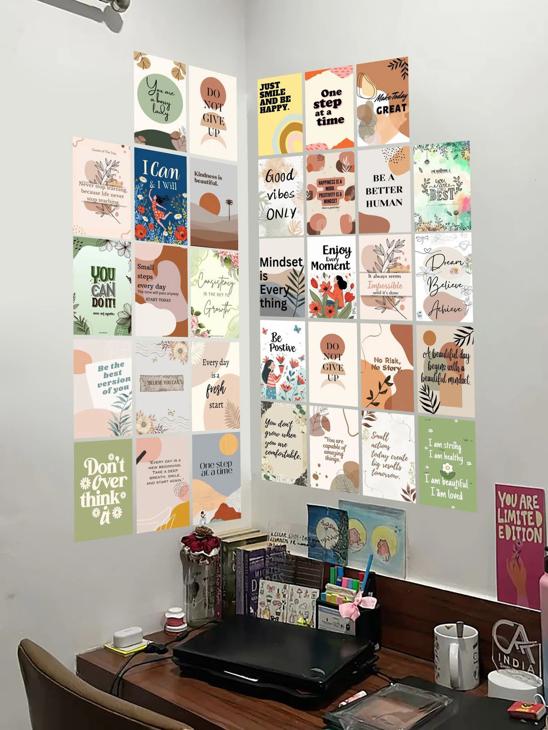 Image of Pack of 33 GOOD VIBES Wall Collage Kit Posters | Posters for Wall Decoration | Wall Art For Bedroom, Office, Living room, (6 inch X 4 inch) Set of 33 Inspire Prints Vinyl