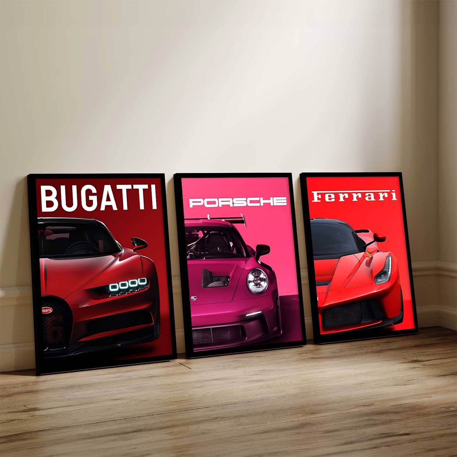 BUGATTI PORSCHE FERRARI Framed Posters Gift Items for Boys Room Bedroom Paper Print