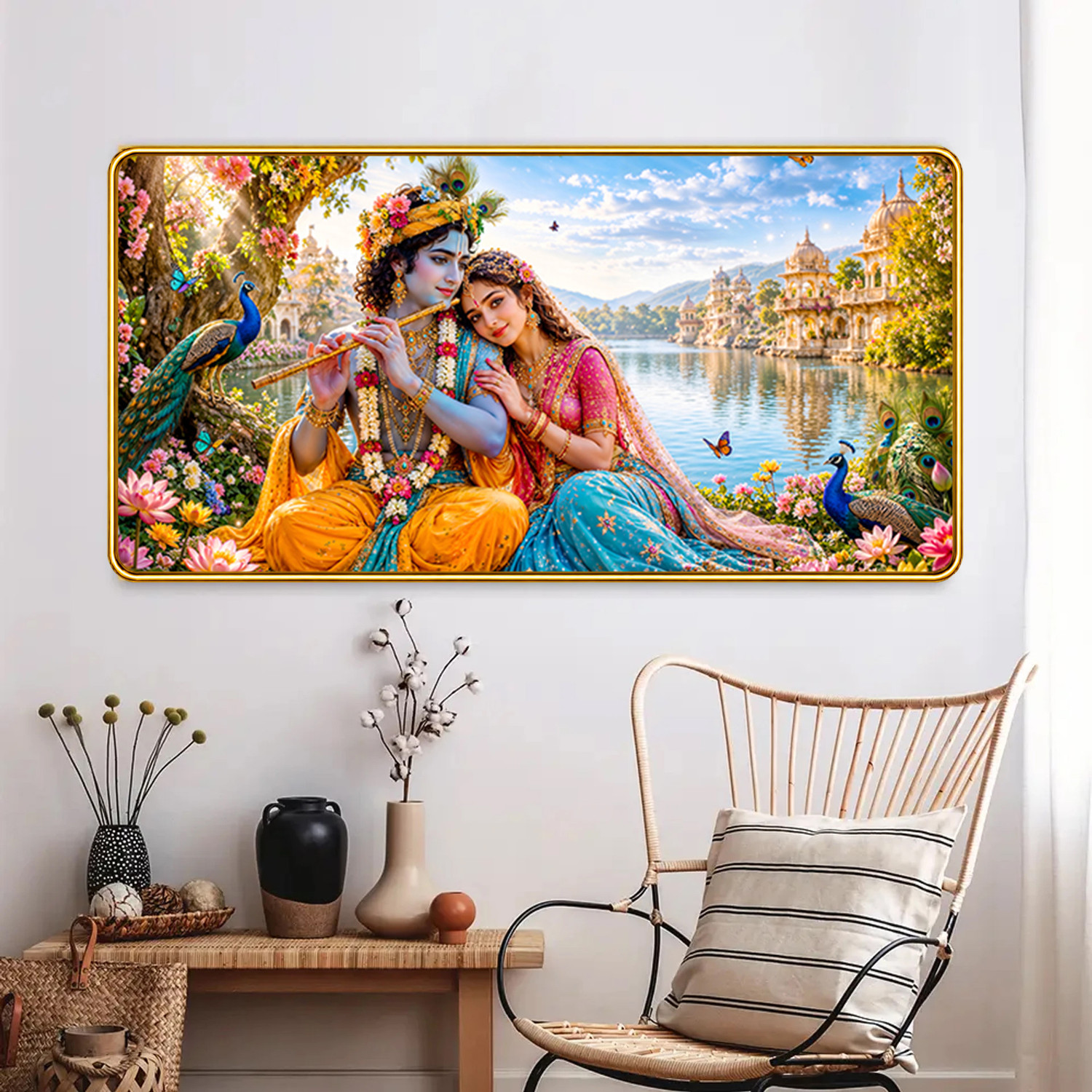 Image of Vastu Radha Krishna Photo Frame Painting Trending Natural Design for Home, Office & Living Room | Sparkle Coated Lamination Vinyl Print | Golden Slim Frame Vinyl Photographic Paper