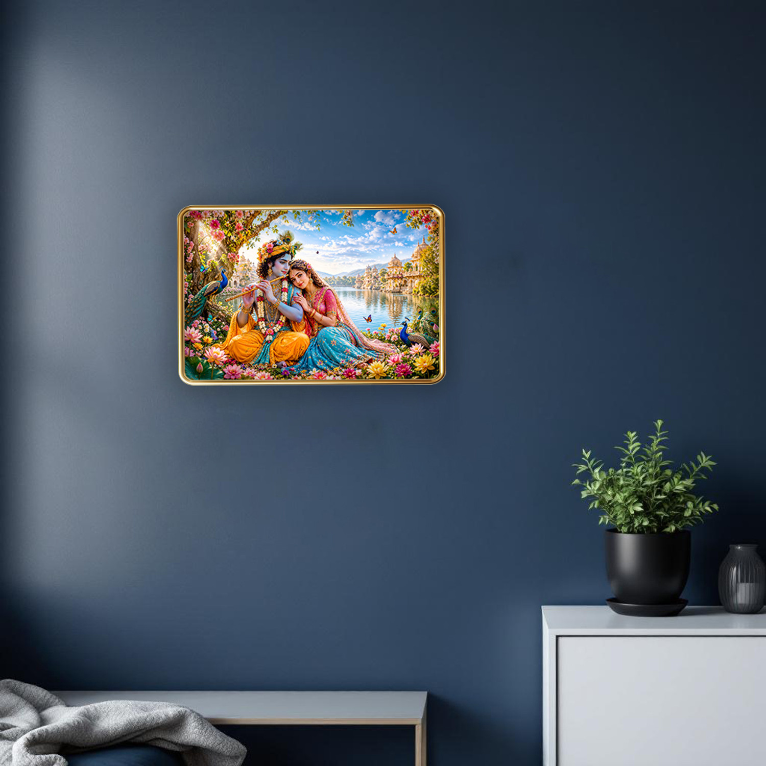 Image of Vastu Radha Krishna Photo Frame Painting Trending Natural Design for Home, Office & Living Room | Sparkle Coated Lamination Vinyl Print | Golden Slim Frame Photographic Paper