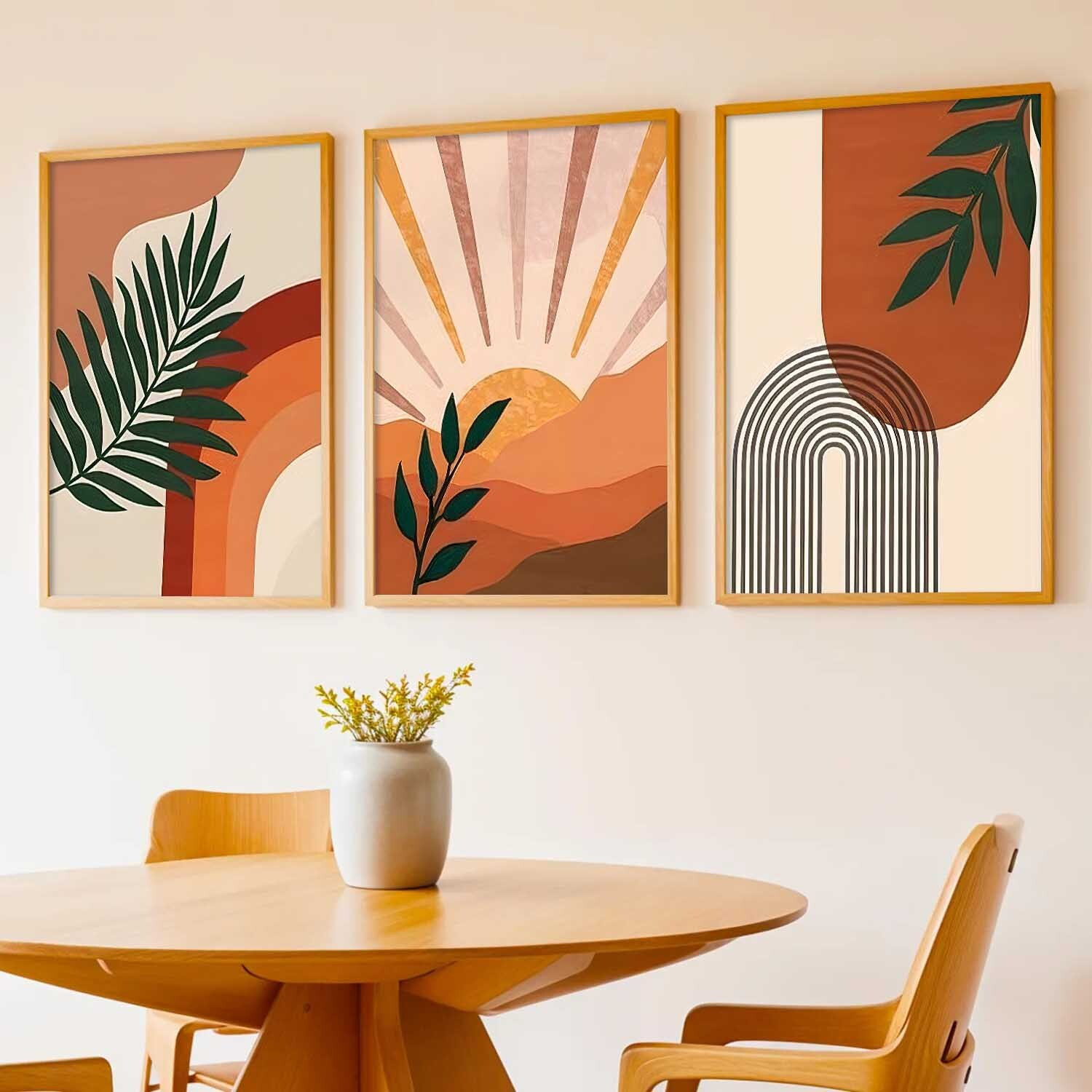 Image of Yanveer Big Aesthetic Boho Wall Art Canvas with Natural Wood Frame | Abstract Sun, Botanical Leaves & Geometric Shapes 3 Panel Wall Decor for Living Room, Bedroom, Office & Home Decor Fine Art Print