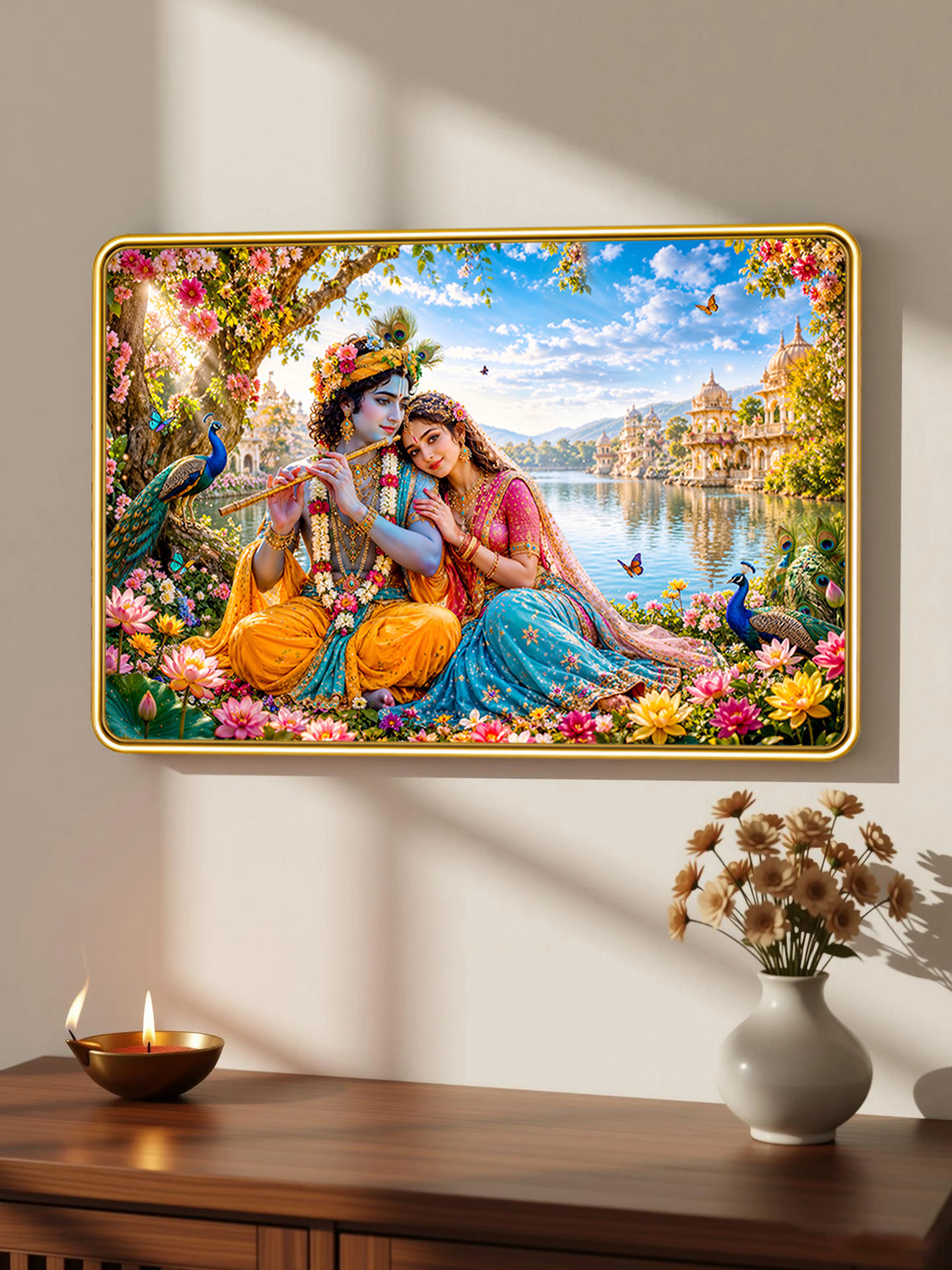 Image of Vastu Radha Krishna Photo Frame Painting Trending Natural Design for Home, Office & Living Room | Sparkle Coated Lamination Vinyl Print | Golden Slim Frame Vinyl Photographic Paper