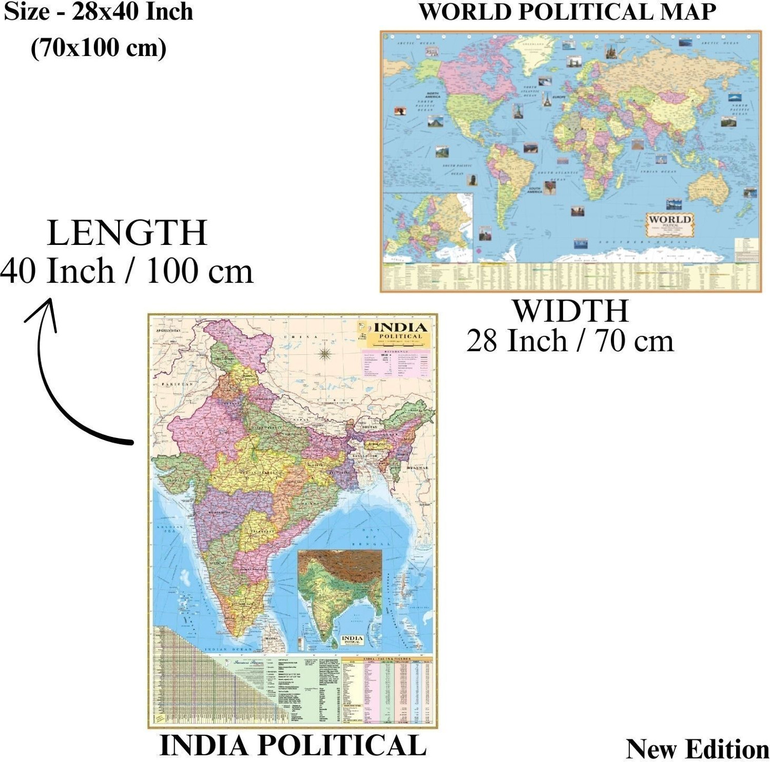 Image of (Pack of 2) INDIA & WORLD Political Map (Both Map Size 100x70 Centimeter) In India Map Mention Distance Between Major Cities and Highway, Rivers, Peaks, Capital, Area, Density, Literacy of States Etc. For UPSC, SSC, PCS, Railway and Other Competitive Exams Map - 1 January 2020 Paper Print