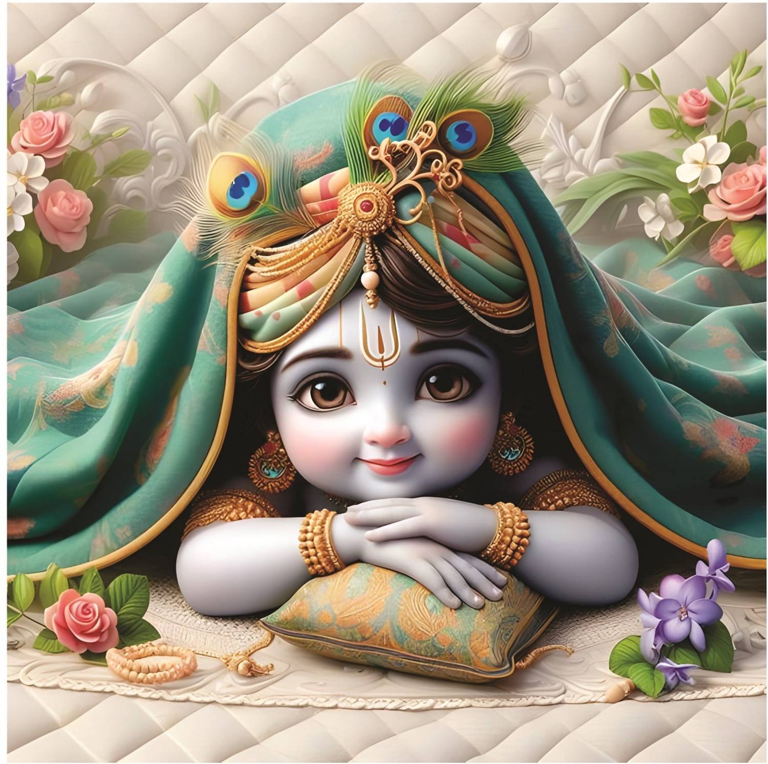Rc Decor Bal Krishna With Sleeping God Wall Poster for Pooja Room Living Room, Kids Room (Size - 45Cm X 45Cm) 3D Poster