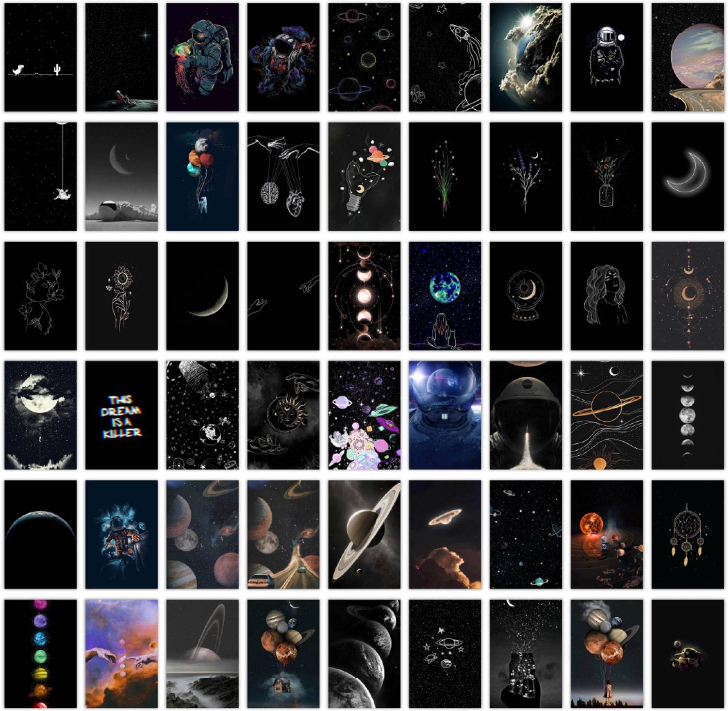 54 Pcs Space Posters For Room Wall Decor - 4 x 6 Inches Rectangle Self Adhesive Posters - Collage Kit For Girls, Boys, Teens - Wall Art For Bedroom, Living Room, Office Fine Art Print