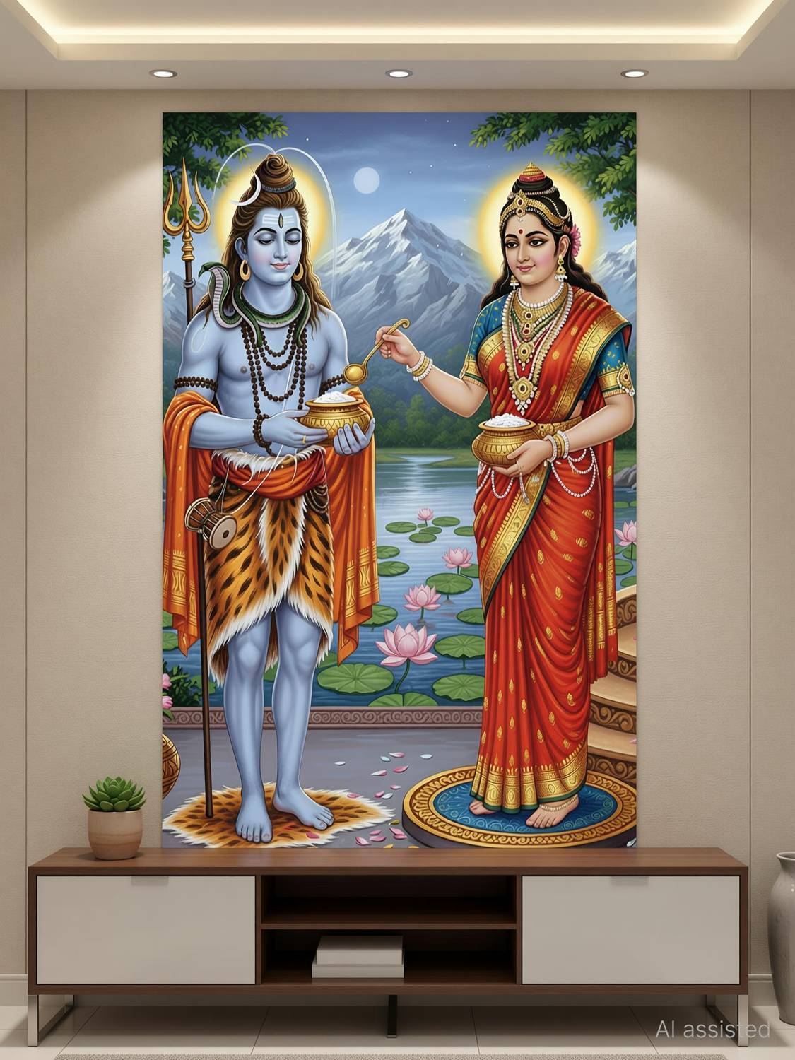 Annapurna Mata & Mahadev A4 Glossy Wall Sticker | HD Annapurna Devi Shiv–Parvati Spiritual Poster for Kitchen & Mandir | Premium Self-Adhesive Divine Wall Art (29.7×21 cm) Vinyl