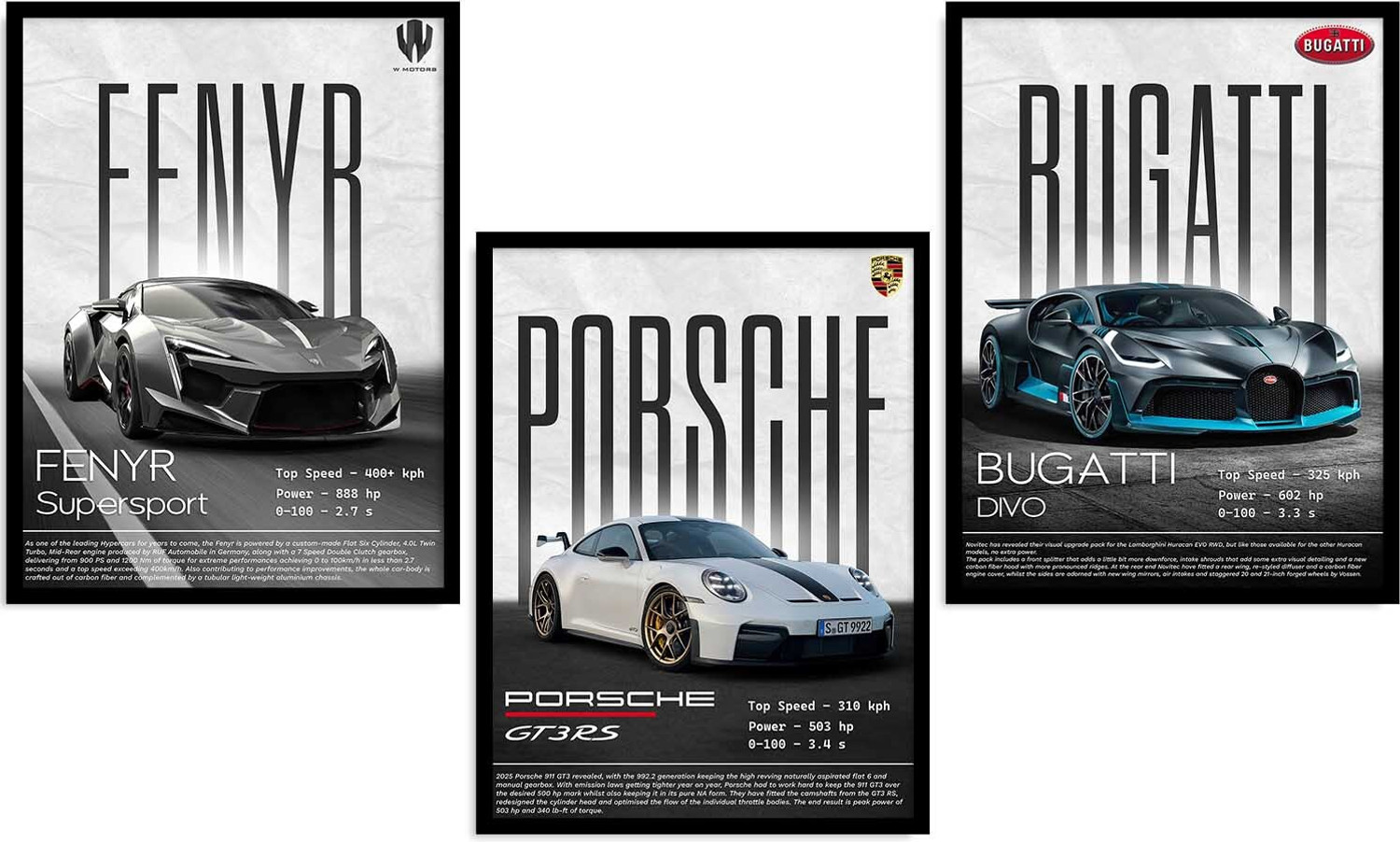 Image of YANVEER Big Porche bughatti fenyb Car Framed Posters Gift Items for Boys Room Wall Decoration Bedroom Living Room Office Studio Decor | Car Poster Frame for Wall Decor Set Of 3 Size (10 X 13 inch) Photographic Paper