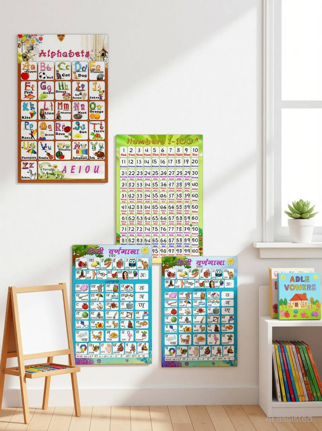 ABCD,1-100 numbers and hindi varnamala Alphabet Charts Wall Poster for Room Décor-01-02-03-04- Paper Print